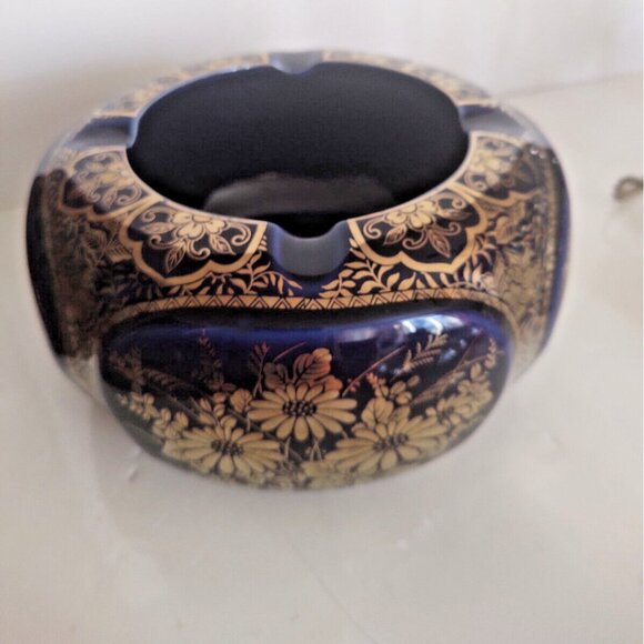 Large Vintage Andrea by Sadek Ceramic Gold & Blue Floral Ashtray 7" - Picture 14 of 16